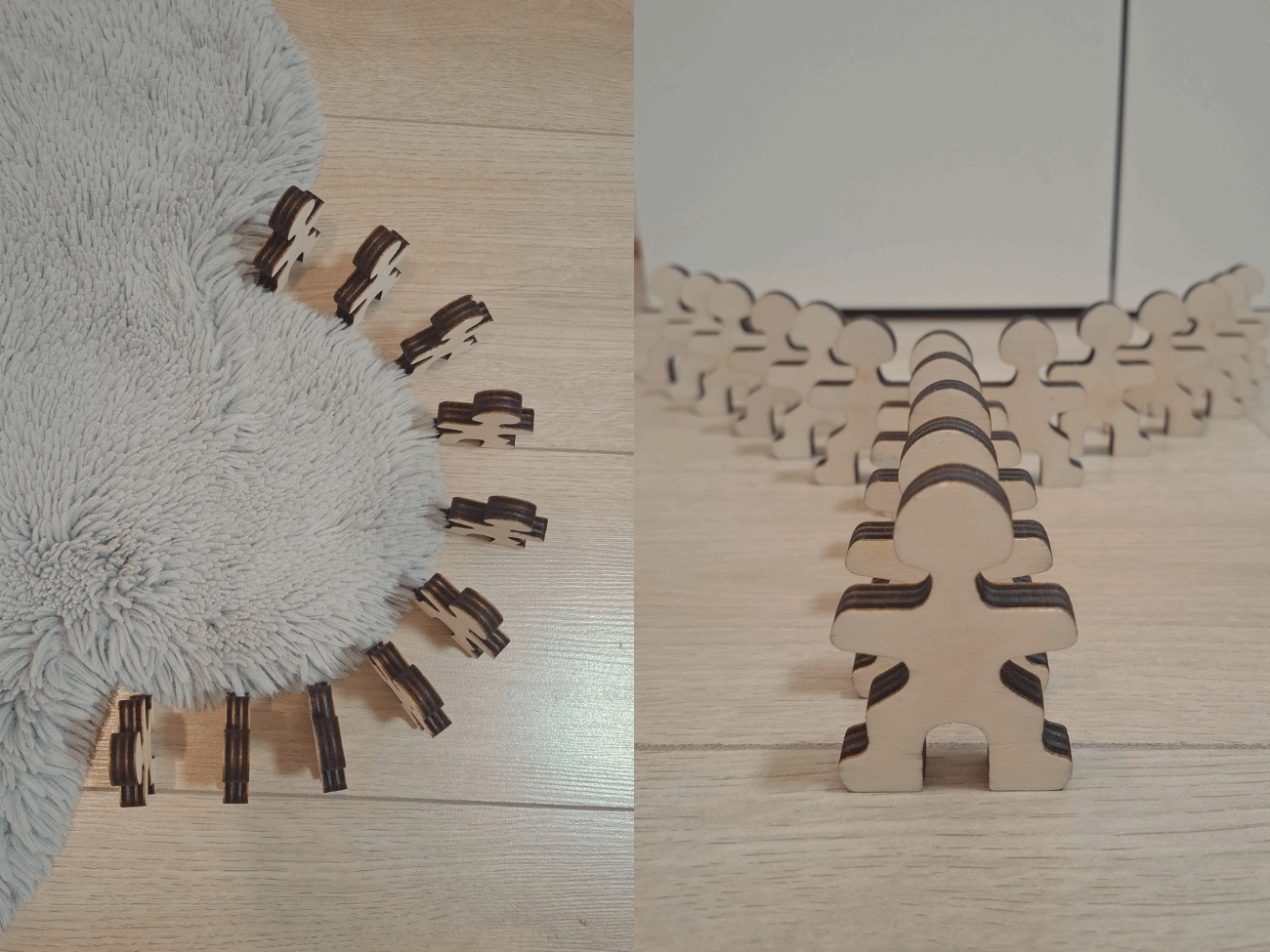 Owloo Master Buddies wooden balancing toy showing multiple wooden figures arranged for balance and stability