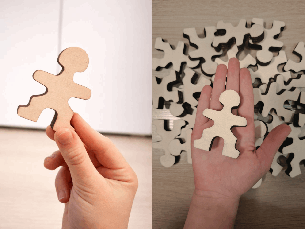 Owloo Master Buddies wooden balancing toy showing the size of a wooden figure held in a hand for scale